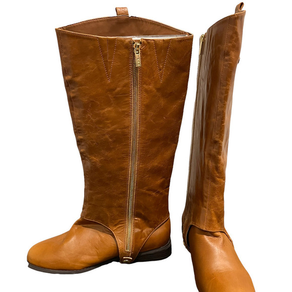 NWB Iman Women Brown Leather Upper Signature Logo Riding Boots Zip High Size 8M - Picture 2 of 7